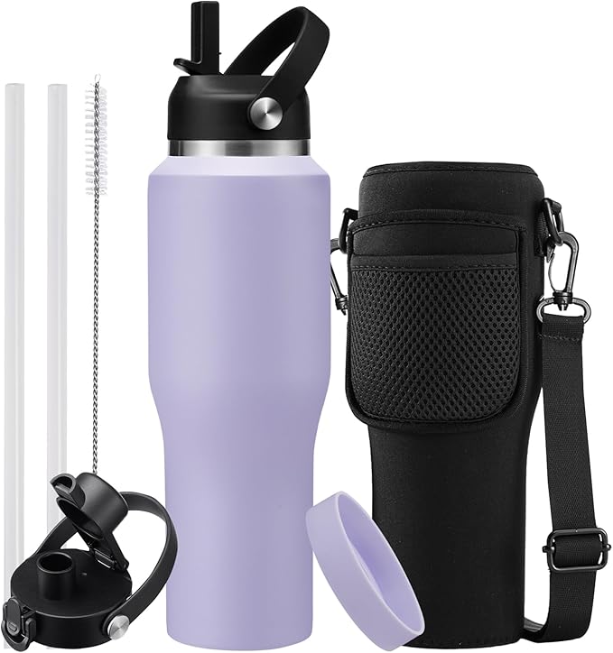 Insulated Water Bottle 32oz with Strap, Water Bottle with Straw & Top Handle for Hot 24h & Cold 48h, Stainless Steel Leakproof Travel Flask, Purple Thermal Cup Fits in Cup Holder