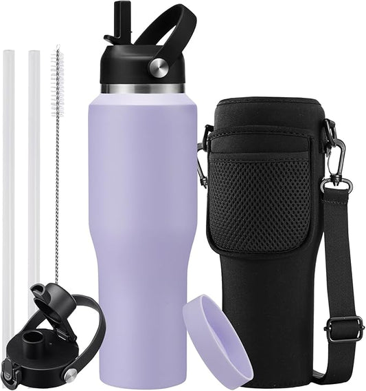 Insulated Water Bottle 32oz with Strap, Water Bottle with Straw & Top Handle for Hot 24h & Cold 48h, Stainless Steel Leakproof Travel Flask, Purple Thermal Cup Fits in Cup Holder