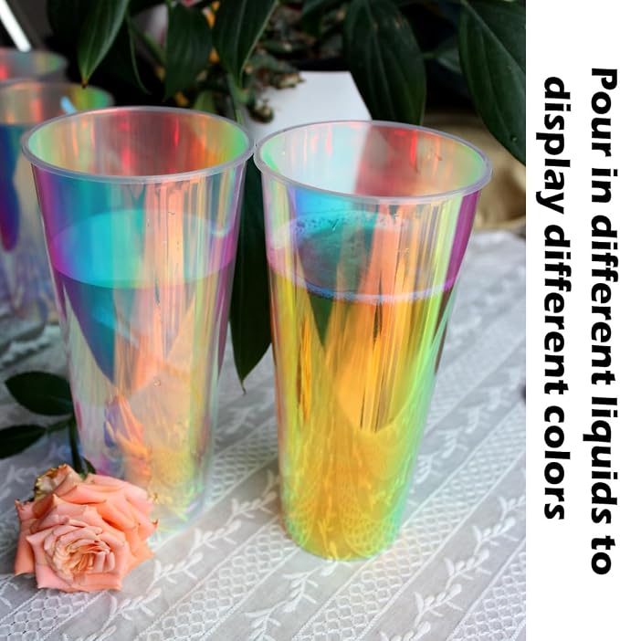 18 Pcs Iridescent Clear Plastic Cups 23oz Fancy Thick Neon Disposable Drinking Cups Cute Glitter Holographic Hard Plastic Cup for Party Decoration (Clear)
