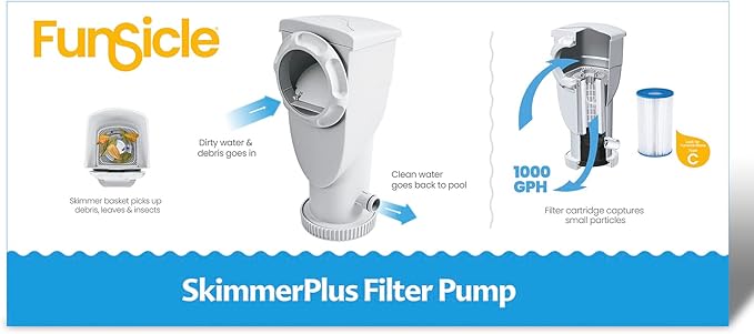 Funsicle SkimmerPlus 1000 GPH 2-in-1 Filter Pump and Skimmer System with Clamps and 1.5" Hose Fitting for Above Ground Swimming Pools