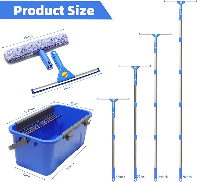 Window Cleaning Kit with 3 Gallon Bucket – 76" Long Hand Window Washing Tool Set for Home, Commercial & Car – 14" Squeegee + 15" Scrubber, Professional Grade Cleaner Equipment for High Windows