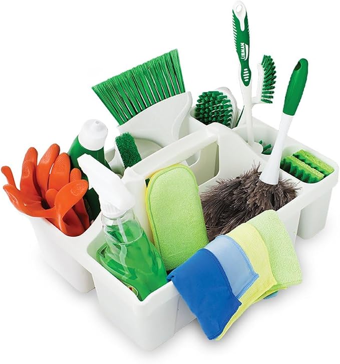 Libman Maid Caddy Cleaning Organizer, Heavy-Duty Janitorial Carry Caddy with Bottle Holders, Toilet Brush Holder & Tool Compartments, Commercial Cleaning Supply Tote (White)