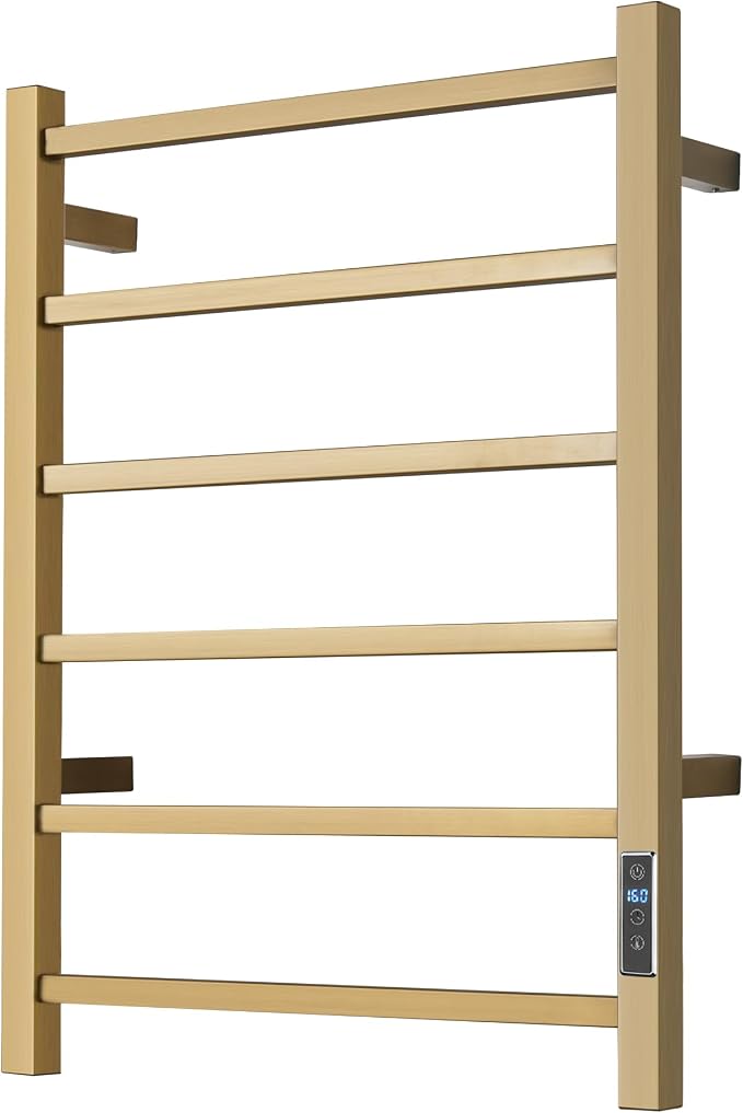 Electric Heated Towel Warmer - Wall Mounted Bathroom Towel Rack, Plug-in Design & Gold Brushed Stainless Steel 6 Bar Gold with Timer & Temperature Control