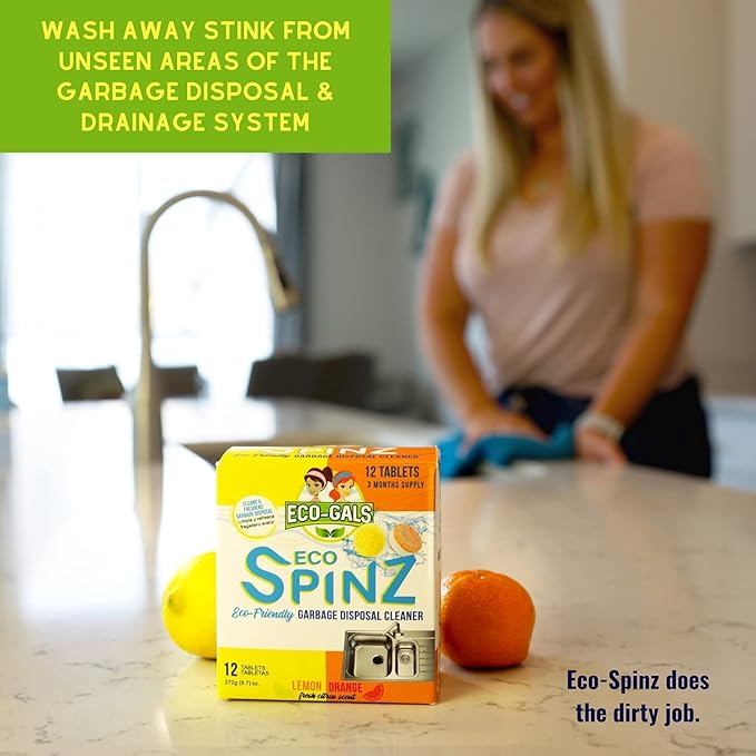 Bundle of Eco-Gals Eco Spinz Disposal Cleaner for Fresher Kitchen and Disposal Plus Eco-Gals' Dish Deputy Dishwasher Magnet to Help With Kitchen Organization
