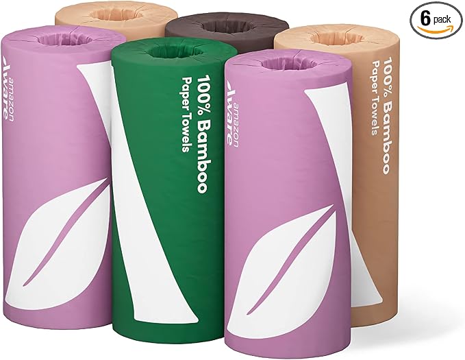 Amazon Aware Bamboo Paper Towels, 6 Rolls, 2 ply, FSC Certified, 150 Sheets, 900 Count, Plastic-Free, Multicolor