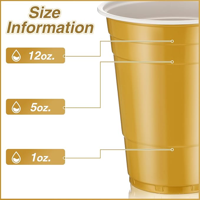 Lounsweer 100 Pcs 16 oz Disposable Party Cups Plastic Heavy Duty Drinking Water Cups for Birthday Baby Shower Wedding BBQ Picnic Party Supplies(Gold)
