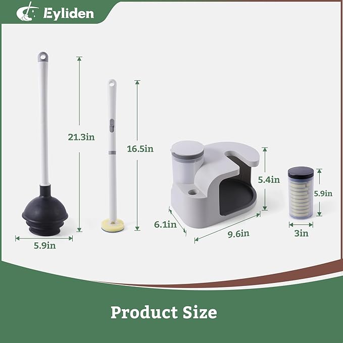 Eyliden Toilet Brush and Plunger Combo Set | 2-in-1 Disposable Toilet Bowl Wand Kit with 10 Refill Heads, Toilet Plunger, Compact Storage Holder | Bathroom Cleaning System for Home, White