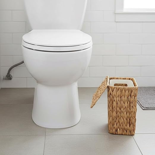WLLHYF Wicker Waste Basket with Lid Water Hyacinth Handwoven Garbage Can Small Bathroom Trash Can Boho Rattan Wastebasket with Removable Liner for Bedroom Home Living Room Office Kitchen