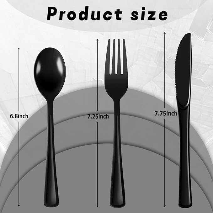 Plastic Silverware 300 PCS Disposable Silverware Heavy Duty Utensil Sets 100 Of Each Forks Knives & Spoons Disposable Cutlery Set For Easter,Birthday,Baby Shower,Garden Party,Wedding(300,Black)