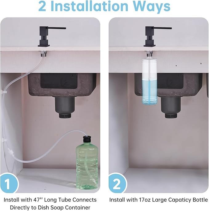Soap Dispenser Square Built in Sinkwith 47'' Long Tube, Matte Black Brass Pump Head for Kitchen Sink with 17 oz Bottle