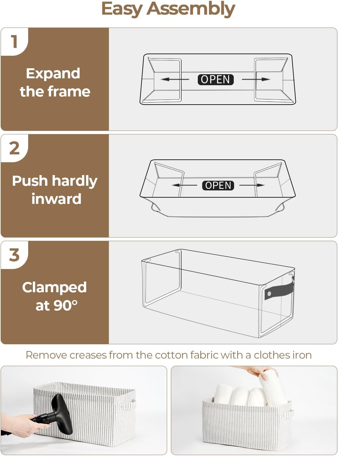 StorageWorks Narrow Storage Bins, Small Basket for Closet and Shelves, Rectangular Fabric Organizer with Handles, Toilet Paper Storage, Khaki and Beige Stripes, 2-Pack