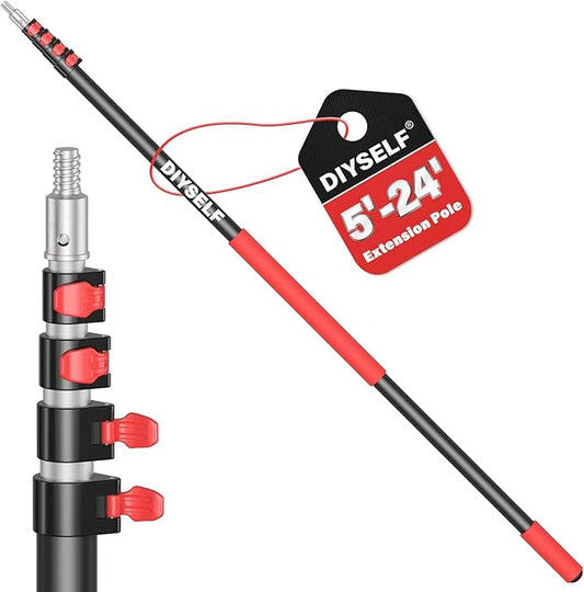 DIYSELF 24 FT Paint Roller Extension Pole, 5.8-24 Ft Adjustable Telescoping Pole, Sponge Grip, Sturdy Extension Pole for Cleaning, Aluminum Extendable Pole for Painting, Window & Gutter Washing