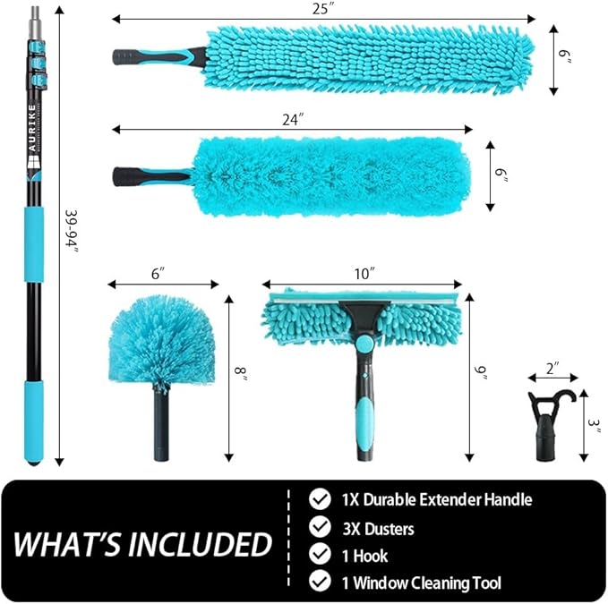 High Reach 3-8FT Extension Pole, Skylight Shades Operating Hook, High Ceiling Dusting and Window Cleaning Kit with Telescopic Pole, Window Washer & Squeegee, Cobweb Duster, Fan Duster, Feather Duster
