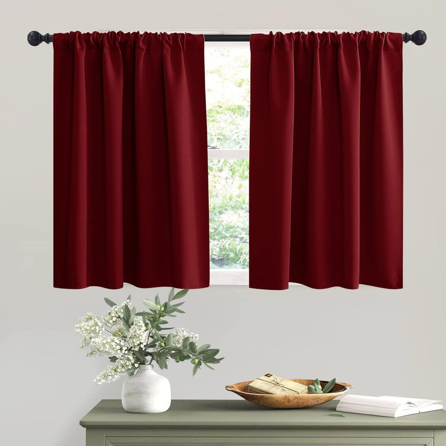 RYB HOME Blackout Curtains for Half Window Kitchen, Thermal Insulated Curtain Panels for Bedroom/Living Room, 42 x 36 inches Each Panel, Burgundy Red, 2 Panels