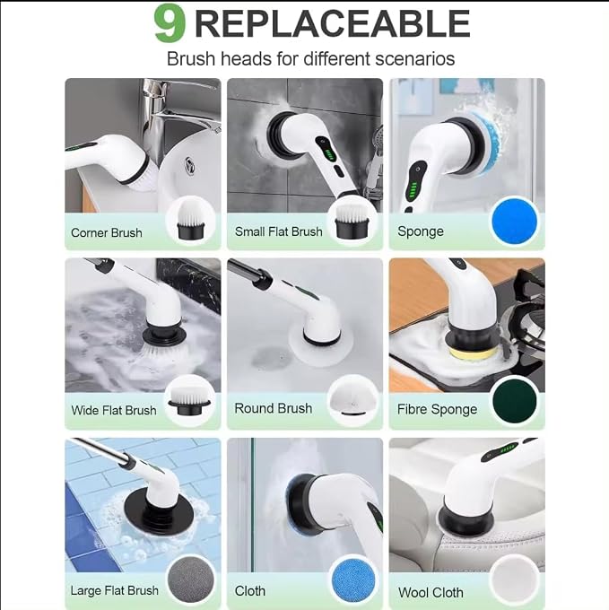 V.E.E Electric Spin Scrubber, Cleaning Brush Scrubber for Home, 400RPM/Mins-9 Replaceable Brush Heads-90Mins Work Time, 3 Adjustable Size, Multiple Speeds for Bathroom Shower Bathtub Glass and Car