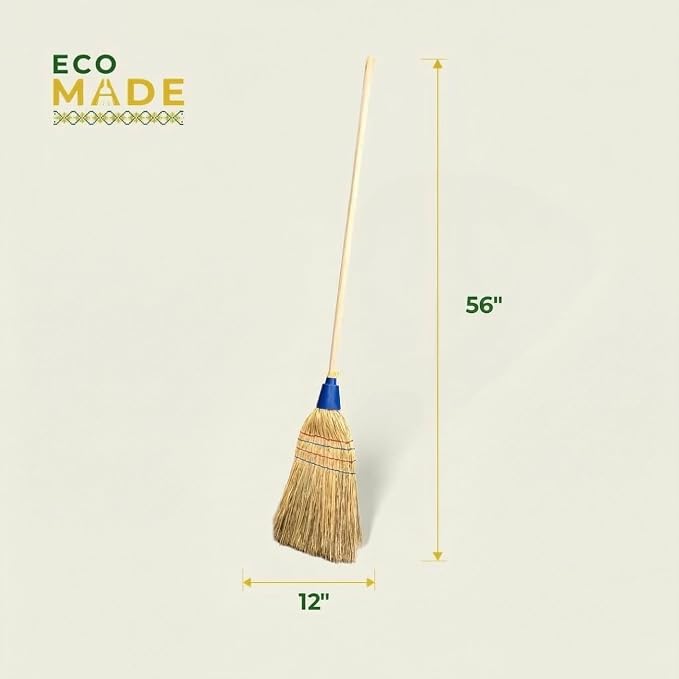 Handmade Corn Broom with Wood Handle 56 Inch - Traditional Heavy Duty Outdoor Broom for Sweeping Indoor Floors, Natural Straw Sweeper for Carpet Hardwood Yard