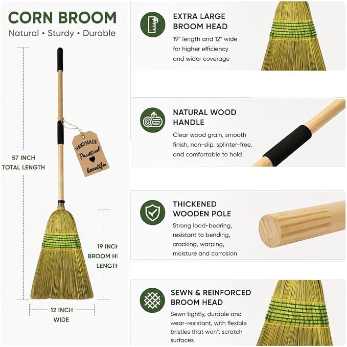 Straw Broom,Handmade Corn Broom Made from Natural Corn stalks, Outdoor Broom Equipped Wooden Handle. Natural Broom Reinforced (2)
