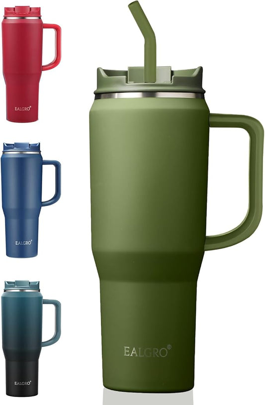 EALGRO 40 oz Tumbler with Handle, Insulated Tumblers with Lid and Straw, Large Metal Sports Water Bottle Jug, Thermal Stainless Steel Travel Coffee Mug Cup, Army Green