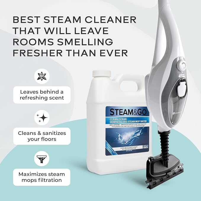 Steam & Go - The Housekeeper Steam Cleaner For Floors & Demineralized Water Bundle, 10-in-1 Hard Floor Cleaner Machine & Grout Steam Cleaner with Floor Cleaning Solution, Clean Ocean, 32 oz