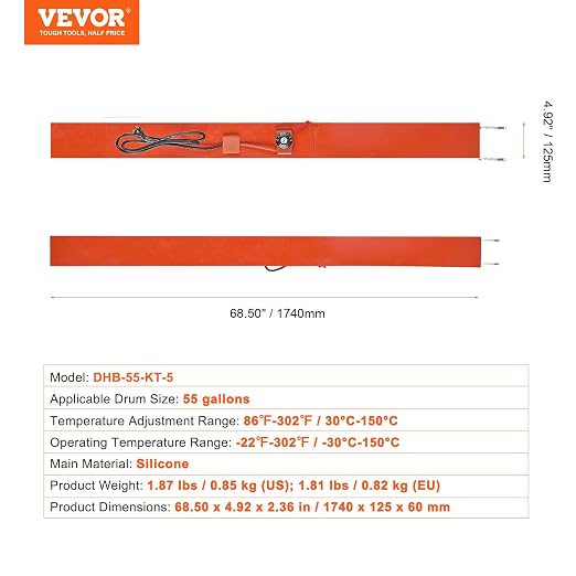 VEVOR Metal Drum Heater, 1200 Watt 5" Width, Pail Heating Band for 55 Gallon Barrel, 86-302℉ Adjustable Thermostat, High Efficiency Silicone Grease Keg Heater, Tested to UL 499 Standard, FCC Listed