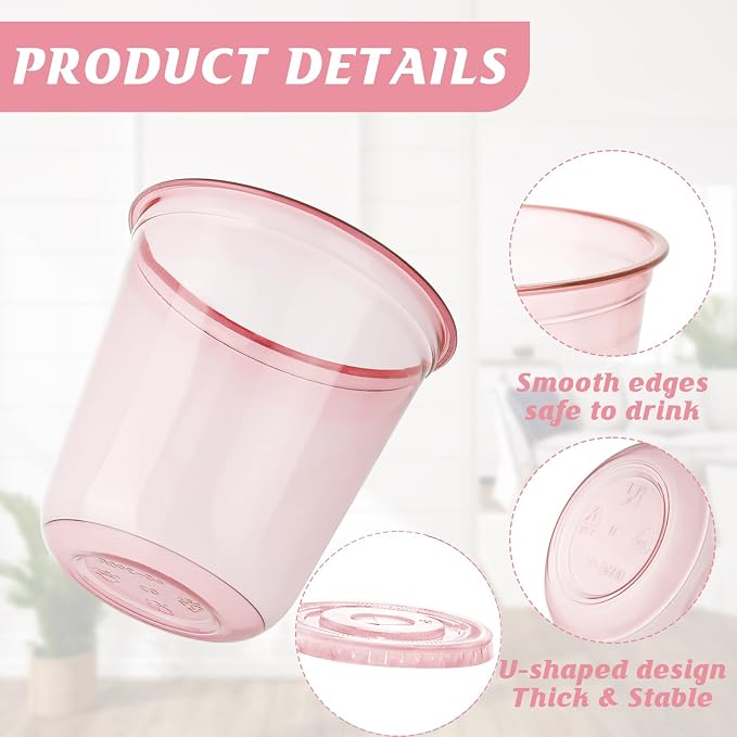 12oz Disposable Stemless Glasses with Flat Lids and Straws,PET Disposable Drinking Cups,Clear Plastic Wine Glasses for Parties Birthday,Wedding,Meeting,Christmas Party Supplies. (50, Pink)