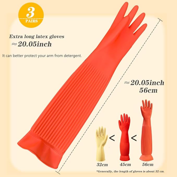 3 Pairs Household Extra Long Kitchen Gloves for Washing Dishes，20.05inches Rubber Cleaning Gloves，Reusable Latex Living Wash Gloves，Long Sleeves(Large, Red)
