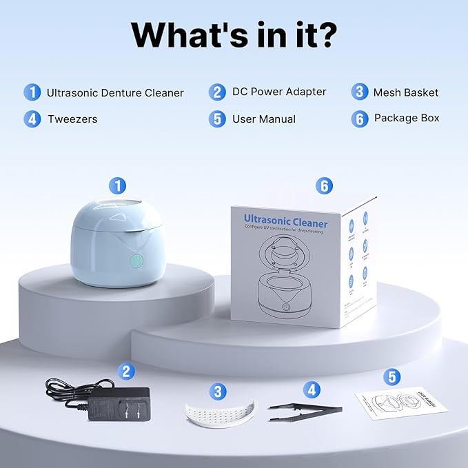 CXRUY Ultrasonic Retainer Cleaner - UV Dental Cleaning Pod Night Guard Cleaner for Dentures, Aligner, Braces, Toothbrush Heads, Jewelry (Blue)