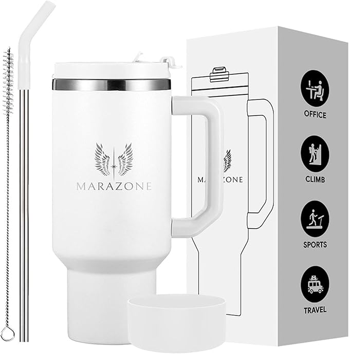MARAZONE 40oz Stainless Steel Travel Tumbler Cup with Handle, Three-Position Lid, Straw with Silicone Tip, Vacuum Insulated Water Bottle for Hot & Cold Drinks, Great Gifts for Mom, White Dove