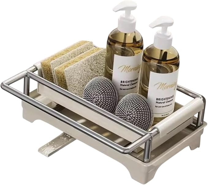 Kitchen Sink Caddy Organizer with Draining Tray and Towel Rail, Stainless Steel Sponge Holder, Dish Soap Storage Rack, Sink Organizer for Sponges, Scrub Brushes, Soap Bottles and Cleaning Supplies