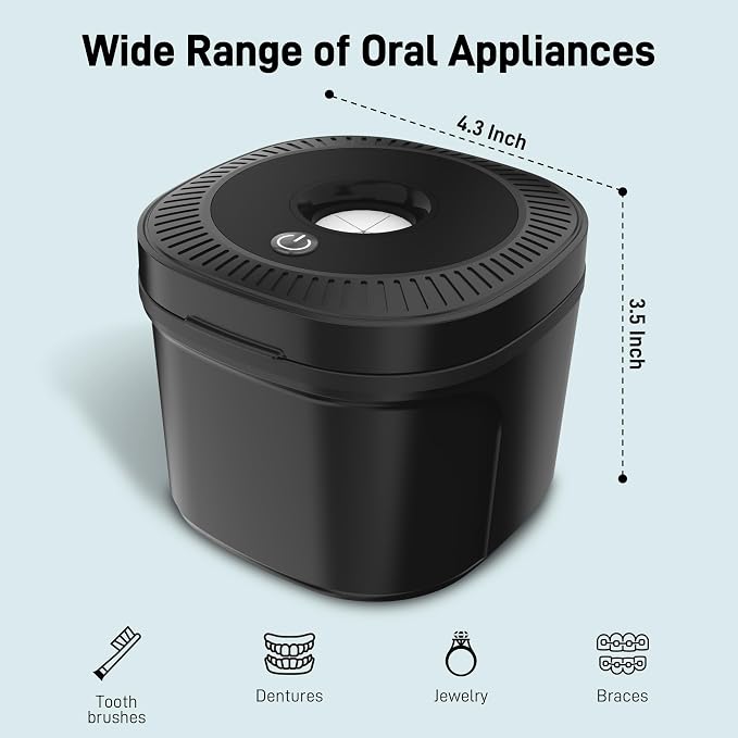 Ultrasonic Retainer Cleaner, Dental Cleaning Pod with U-V Lights, 45kHz Retainer Cleaner Machine for Dentures, Toothbrush Heads, Jewelry, Aligner, Night Mouth Guards (Black)