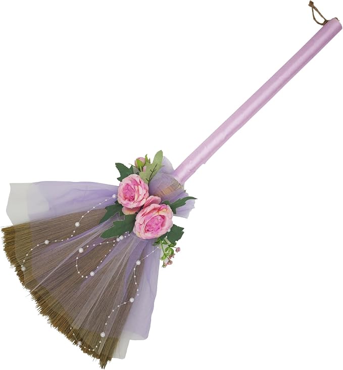 Wedding Broom Jumping Broom for Wedding Ceremony 28 inch Whisk Purple Gauze/Artificial Roses (Finished Product)