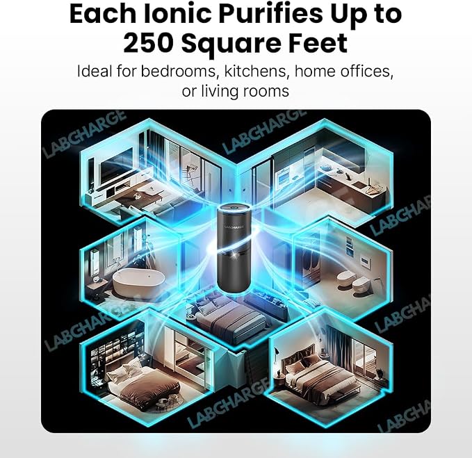 Lab Charge Small Ionic Air Purifier for Home & Bedroom – Silent HEPA Filter – Covers 250 Sq Ft - Free Cleaner for Pets, Hair, Smoke, Dust, Odors & Dander – Compact & Black Design