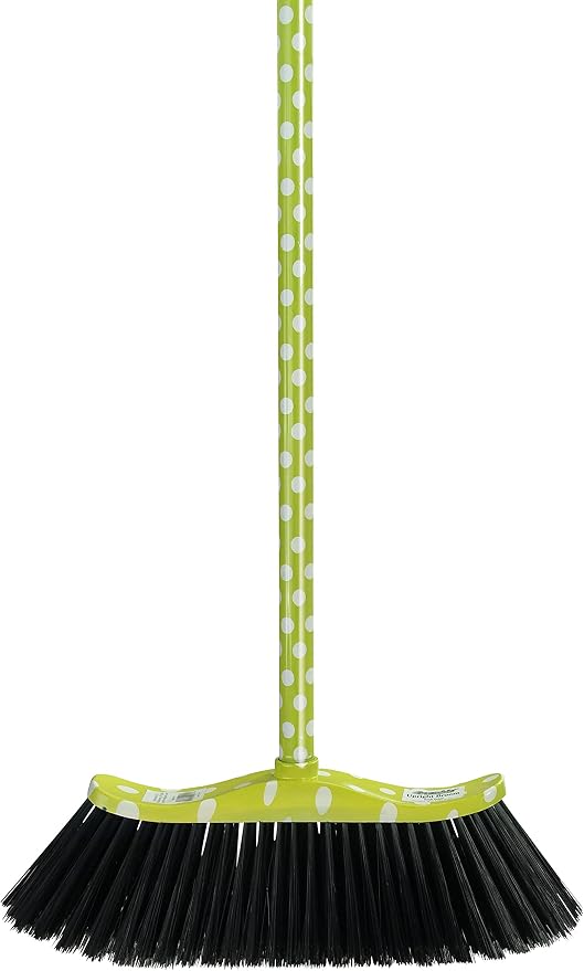 Superio Polka Dot Printed Broom, 2-Pack, Heavy-Duty Indoor & Outdoor Push Brooms with Black Plastic Bristles, Multi-Surface Floor Sweeper, Wooden Handles, 12-Inch Wide Sweeping Head