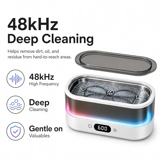 Ultrasonic Cleaner for Jewelry, Glasses & Retainers, 48kHz Sonic Cleaning Machine with 7-Color LED Ambient Light, Digital Timer, Quiet Deep Cleaner for Rings, Dentures & Watches（White）