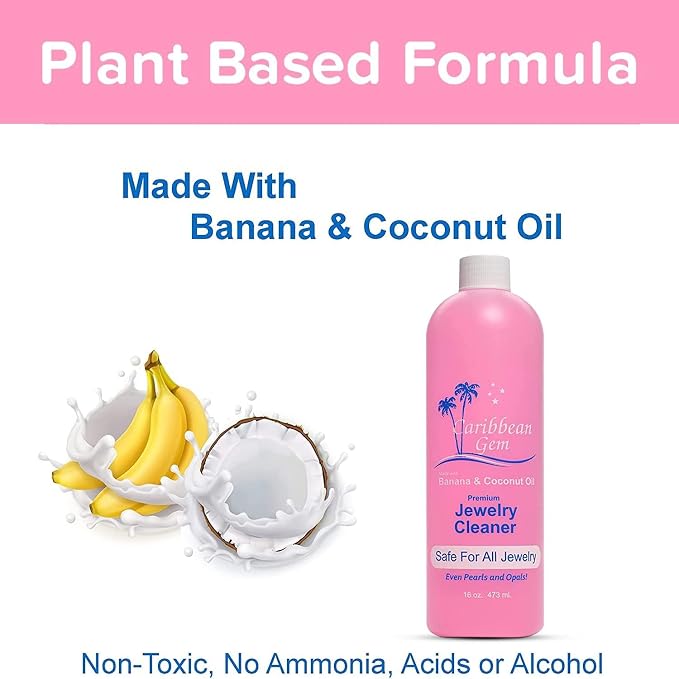 Caribbean Gem USA All Natural Banana & Coconut Oil Jewelry Cleaner with Polishing Cloth, For Gold, Silver and Precious Gems, Ammonia Free, Hypoallergenic Jewelry Cleaning Solution (16oz)
