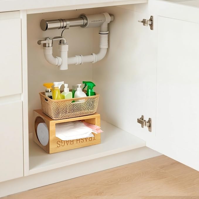 Libreshine Bamboo Garbage Bag Dispenser Roll Holder - Wall Mount Trash Bag Organizer for 13-33 Gallons, Under Sink Kitchen Grocery Bag Storage Container, Not Suitable for Large Roll