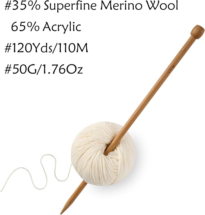 2 Balls Merino Wool Yarn, 12-Ply Luxurious and Soft Yarn for Hand Knitting & Crocheting, 1.76 OZ/50g, 120 yds/110 Meters（White,2Balls）