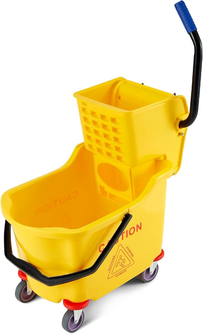 Commercial Mop Bucket with Side Press Wringer on Wheels, 35 Quart Capacity for Floor Cleaning, Kitchens, Restaurants, and Janitorial Use, Yellow