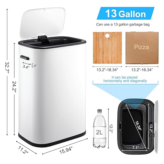 14.5 Gal/55L Trash Can with Lid, Automatic Touchless Garbage Can with Soft-Close Lid & Handle, Stainless Steel Waste Basket Motion Sensor Trash Can for Kitchen, Bathroom,White(No Inner Bucket)