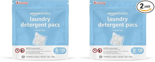 Amazon Basics Laundry Detergent, Hypoallergenic, Free & Clear, (New Packaging), 120 Count (Pack of 2)