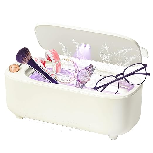 400ml Ultrasonic Cleaner Machine for Jewelry, Professional Electric Mini Cleaning Device with UV Light & 4 Modes for Glasses, Ring, Denture, Invisalign & Makeup Brush - Ivory
