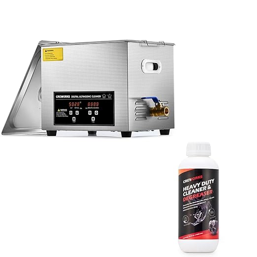 CREWORKS 10L Ultrasonic Cleaner with Heater & Timer, and 34 fl oz Ultrasonic Cleaner Solution for Carburetors and Engine Parts