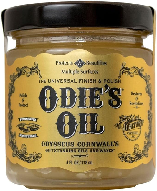 Odie's Oil - Universal Finish for Wood, Leather, Plastic, Vinyl, Metal & More - 4 Oz Jar - Waterproof, Food Safe, Solvent Free Non-Toxic Finish
