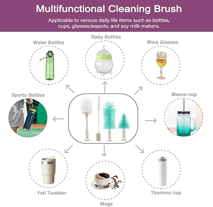 5 in 1 Electric Bottle Brush Cleaner Compatible Stanley Bottle Brush Straw Cleaner Multifunction Rechargeable IPX6 Waterproof Extra Long Design for Stanley Cup, Sports Bottle and More (Beige)