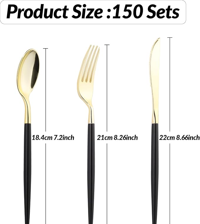 Goodluck 150 PCS Black Gold Plastic Silverware Set for 50 Guests,50 Knives, 50 Forks and 50 Spoons, Food-grade material free of BPA, Gold Plastic Cutlery Ideal for Weddings, Birthdays, Graduation