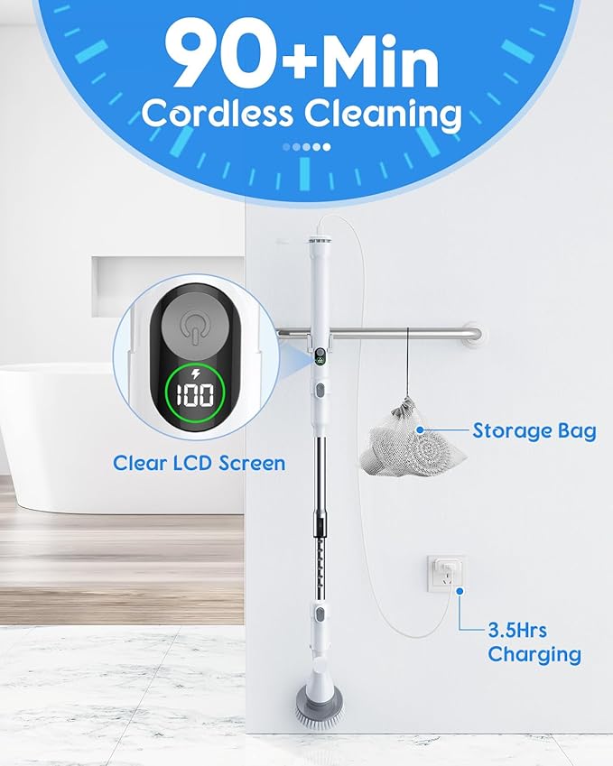 Electric Spin Scrubber with Big Display, Fast Charging Cordless Cleaning Brush with Adjustable Long Handle, 2 Speeds & 4 Replaceable Brush Heads, 1.5H Runtime Shower Scrubber for Deep Cleaning