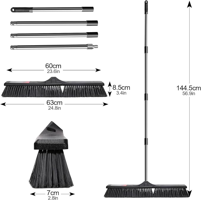 Masthome 24" Push Broom with Stiff Bristles,& 32'' Commercial Dust Mop, 60'' Adjustable Flat Mop with Long Handle, 1 Cotton & 2 Microfiber Mop Pads