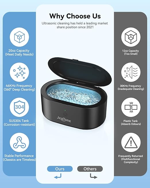 JeaTone Ultrasonic Jewelry Cleaner, 46KHz Professional Ultrasonic Cleaning Machine for Rings, Eyeglasses, Retainers, Dentures & Watches, 20oz Stainless Steel Sonic Cleaner Pod (Black)