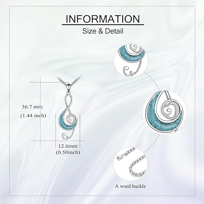 Music Necklace Sterling Silver Turquoise Music Pendant Necklace Music Lovers Jewelry Gifts for Women Girls