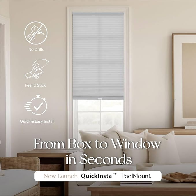 REGAL estate QuickInsta PeelMount No Drill No Tools Cordless 1" Light Filtering Cellular Shade, 19" W x 48" H, Light Gray